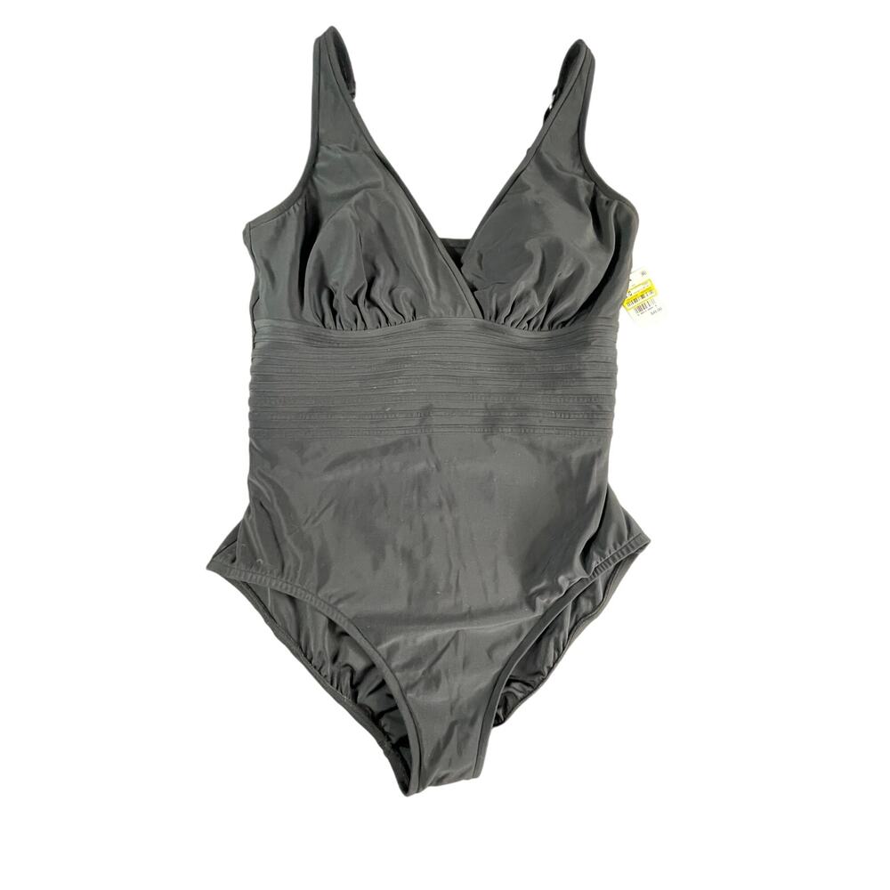 Aqua Green Swimming Suit Womens XL Black One Piece V-Neck Ruched Waist NWT